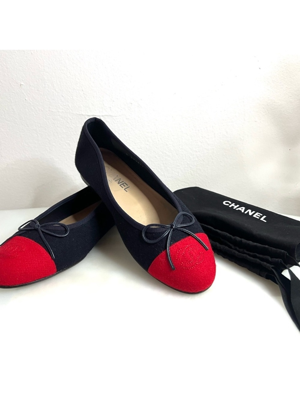 CHANEL Navy Canvas Ballet Flats with Red Cap Toe
